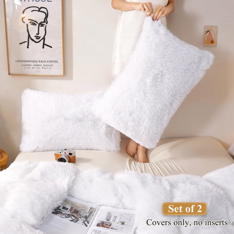 XeGe Faux Fur Throw Pillow Cases, Plush Shaggy Ultra Soft Pillow Covers, Fluffy Crystal Velvet Decorative Pillowcases, Furry Fuzzy Pillow Shams Zipper Closure, Set of 2(King, White) - Image 2